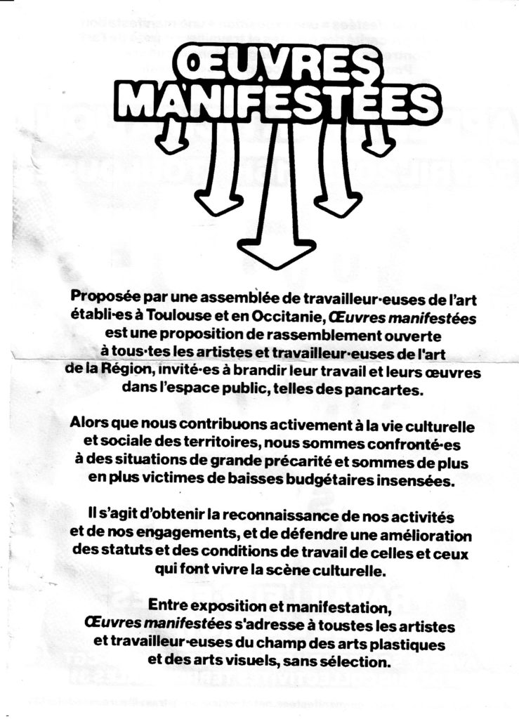 Le collectif travailleureusesdelart31 animé par la CGT vous convie à participer le 5 avril à *Œuvres manifestées* à Toulouse. Rassemblement à 16h au métro Jean Jaurès. Œuvres manifestées = une exposition + une manifestation contre la précarité des travailleur·euses de l’art pour visibiliser leurs statuts et conditions de travail contre les baisses de budget dans la culture pour partager l’art avec le plus grand nombre Faites tourner l’info ! Tous les détails sur :
https://www.instagram.com/p/DHkmmYSol1c/?img_index=7 www.oeuvres-manifestees.net #travailleursdelart
#travailleusesdelart
#travailleureusesdelart31
#artistesauteurs
#artistesauteurices
#oeuvresmanifestees
#cultureendanger
#toulouse
#5avril2025