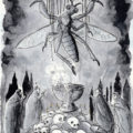 Aquarelle de Olivier Giner insecte sectateur illustration aquarelle insecte anthropomorphe autel crânes figures encapuchonnées