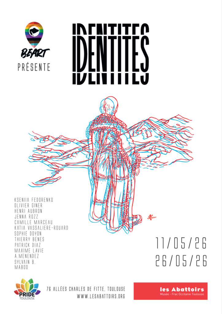 Affiche de l’exposition collective “Les Identités” aux Les Abattoirs, à laquelle participe Olivier Giner. L’exposition interroge la manière dont les identités se construisent, se transforment ou se voient imposées par des influences sociales, symboliques et culturelles.