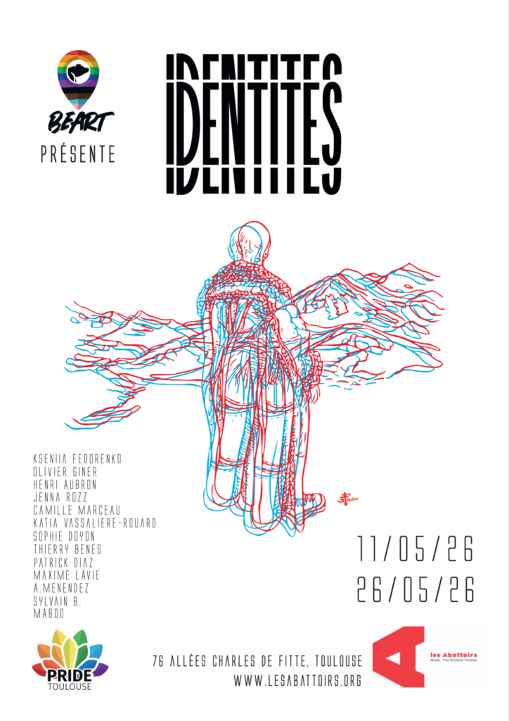 Affiche de l’exposition collective “Les Identités” aux Les Abattoirs, à laquelle participe Olivier Giner. L’exposition interroge la manière dont les identités se construisent, se transforment ou se voient imposées par des influences sociales, symboliques et culturelles.