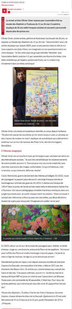 Article de La Dépêche consacré à l’artiste toulousain Olivier Giner et à son exposition au musée des Abattoirs à Toulouse en mai 2026.