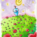 Peinture aquarelle d'une chouette bleue veillant sur un champ de coquelicots sous un ciel étoilé, par Olivier Giner.