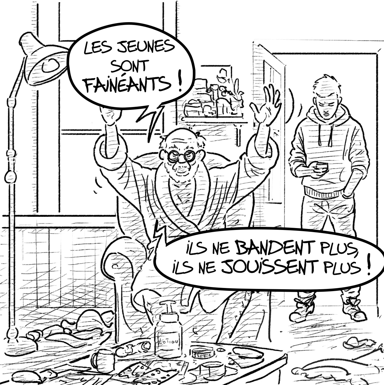 gag, un vieux boomer critique les jeunes et leurs manières de faire l'amour