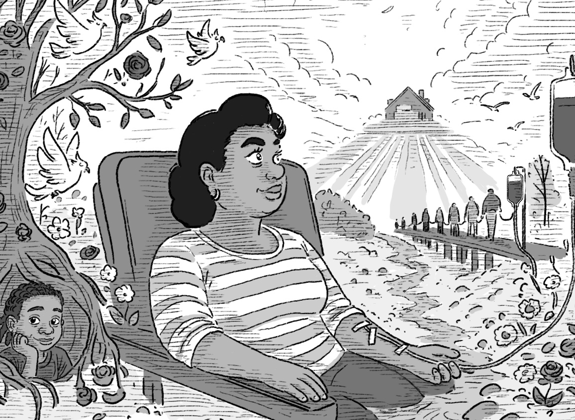 Couverture de la BD "Les Enfants du Sang Éthique" par Olivier Giner. Illustration dramatique montrant Marion face à l'inégalité du système de santé et au scandale du plasma.