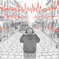 Illustration de couverture pour la BD 'Les Fréquences' : Ariel marche seul dans une ville grise, agressé par des ondes sonores rouges violentes. Titre : Le monde est un cri permanent.