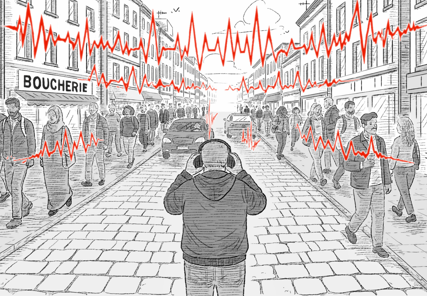 Illustration de couverture pour la BD 'Les Fréquences' : Ariel marche seul dans une ville grise, agressé par des ondes sonores rouges violentes. Titre : Le monde est un cri permanent.