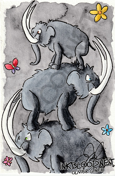 Illustration Mammouths rigolos - Aquarelle au Gris de Payne par Olivier Giner