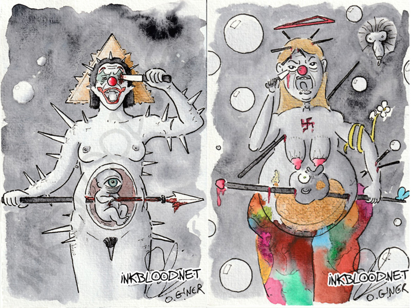 peinture aquarelle Illustration en noir, blanc et rouge (gros de payne, sang, aquarelle) représentant une figure féminine nue, couverte de pointes, avec un clown rouge au visage. Son ventre ouvert montre un fœtus et un œil central traversés par une lance. La femme se crève perce poignarde perfore l'oeil avec un couteau. Ainsi que Aquarelle et encre de style caricatural représentant une femme grotesque enceinte, nue, avec la peau grise et un nez de clown rouge. Elle porte une auréole rouge au-dessus de la tête et son corps est transpercé de pieux et couteaux. Un symbole de svastika est dessiné sur sa poitrine. Son ventre ouvert révèle un fœtus mi homme me serpent qu'elle transperce. Fond gris abstrait avec des bulles et une tête d'animal hybride. Aquarelles signées inkblood.net. olivier giner