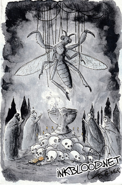Aquarelle de Olivier Giner Insecte Sectateur : pantin insecte (Mantispa sp., la mouche mante religieuse ) anthropomorphe aux yeux humains cachés, suspendu au-dessus d'autel sacrificiel crânes/or/argent/carotte, entouré de figures encapuchonnées sectaires (religion politique science)