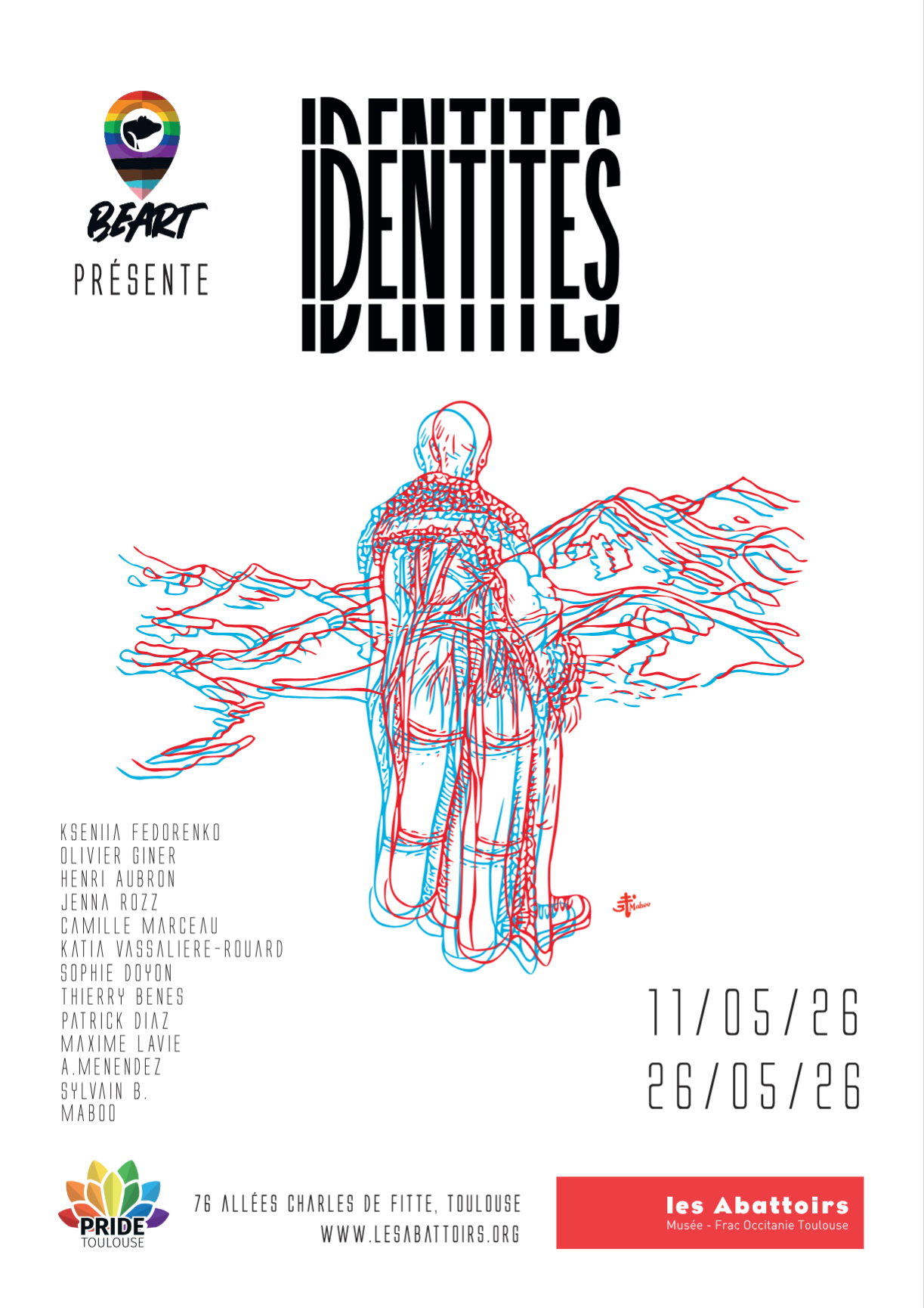 Affiche de l’exposition collective “Les Identités” aux Les Abattoirs, à laquelle participe Olivier Giner. L’exposition interroge la manière dont les identités se construisent, se transforment ou se voient imposées par des influences sociales, symboliques et culturelles.