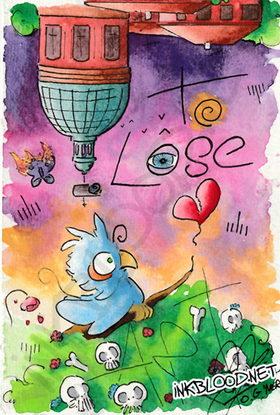 Aquarelle 'To Lose Toulouse Art' par Olivier Giner : oiseau bleu sur crânes, cœur brisé, La Grave inversée, papillon en feu, caméra, œil qui voit tout, symboles censure, sectateurs, sectarisme et culture dans la 'ville rose'.