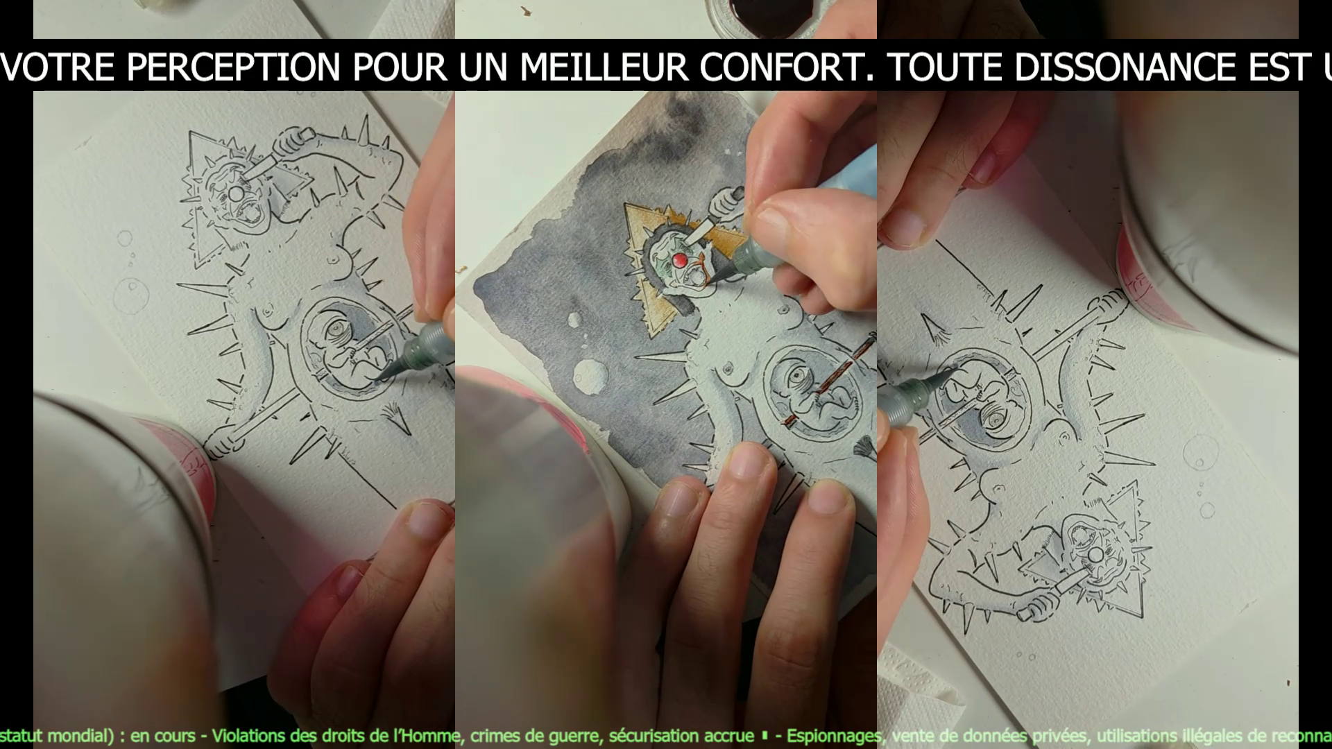 Capture de la projection vidéo expérimentale d’Olivier Giner montrant un speedpainting aquarelle accompagné d’un faux message institutionnel sur la perception et la dissonance.