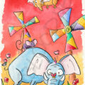 Aquarelle colorée représentant des éléphants stylisés dans un jardin imaginaire avec moulinets multicolores, souris et insectes, par Olivier Giner