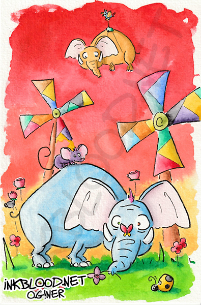 Aquarelle colorée représentant des éléphants stylisés dans un jardin imaginaire avec moulinets multicolores, souris et insectes, par Olivier Giner