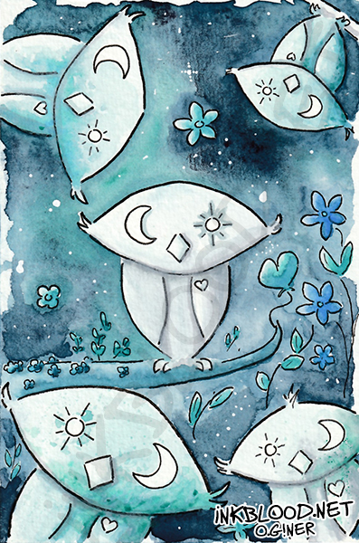 Chouette ! Le retour des chouettes, aquarelle originale d’Olivier Giner représentant plusieurs chouettes stylisées en bleu et blanc