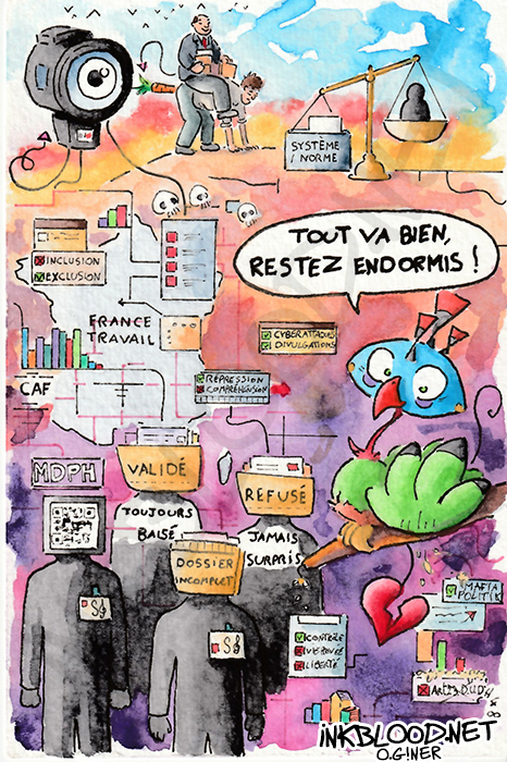 France en f-rance, aquarelle critique d’Olivier Giner sur le contrôle social et l’exclusion avec symboles administratifs et figures anonymes