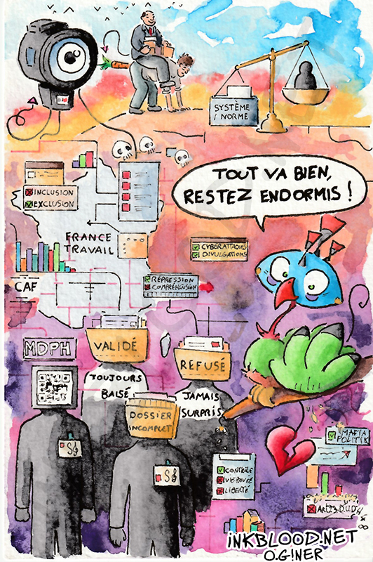 France en f-rance, aquarelle critique d’Olivier Giner sur le contrôle social et l’exclusion avec symboles administratifs et figures anonymes