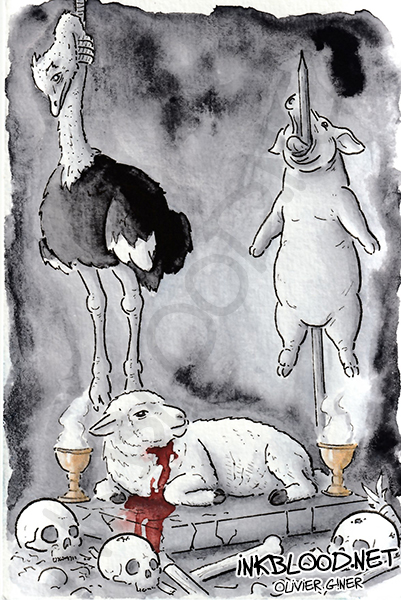 Aquarelle noir et blanc « Humanimos » représentant une autruche pendue, un porc empalé et un mouton égorgé, œuvre symbolique d’Olivier Giner
