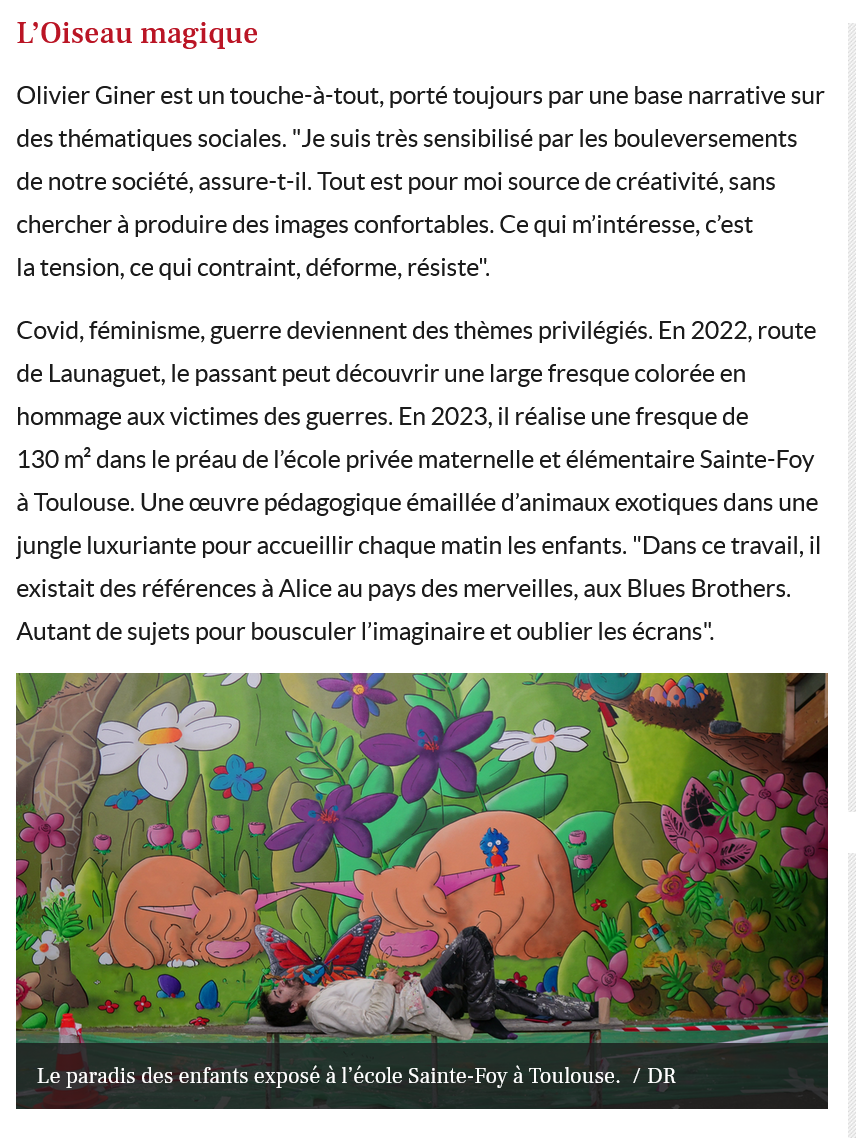 Article de La Dépêche consacré à l’artiste toulousain Olivier Giner et à son exposition au musée des Abattoirs à Toulouse en mai 2026.