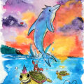 Tortue punk et dauphin au coucher de soleil, illustration originale à l’encre de Chine et aquarelle par Olivier Giner