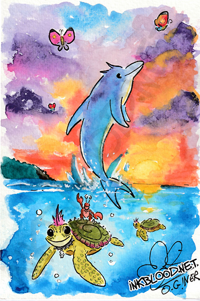 Tortue punk et dauphin au coucher de soleil, illustration originale à l’encre de Chine et aquarelle par Olivier Giner