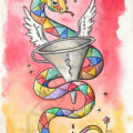 Aquarelle d'un serpent multicolore enroulé autour d'un entonnoir ailé, avec un œuf symbolique, inspirée de l'univers de Jérôme Bosch, par Olivier Giner.