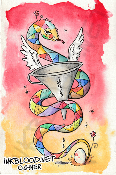 Aquarelle d'un serpent multicolore enroulé autour d'un entonnoir ailé, avec un œuf symbolique, inspirée de l'univers de Jérôme Bosch, par Olivier Giner.