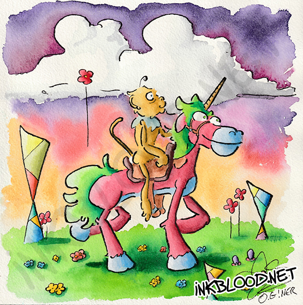 Singe Mordred et la Licorne Rose, aquarelle originale d'Olivier Giner
