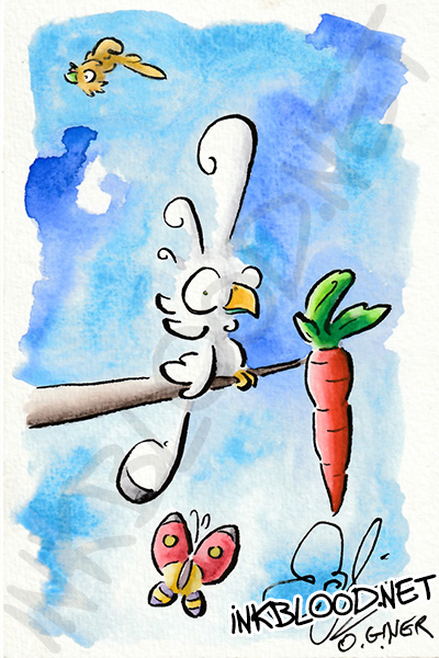 Oiseau blanc à huppe tenant une carotte - aquarelle humoristique d'Olivier Giner