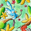 Oiseau bleu offrant une rose dans un jardin fleuri - aquarelle originale d'Olivier Giner.
