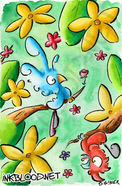 Oiseau bleu offrant une rose dans un jardin fleuri - aquarelle originale d'Olivier Giner.