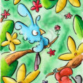 Oiseau bleu offrant une rose dans un jardin fleuri - aquarelle originale d'Olivier Giner.