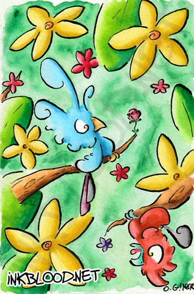 Oiseau bleu offrant une rose dans un jardin fleuri - aquarelle originale d'Olivier Giner.