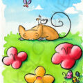 Chat endormi dans une prairie fleurie, observé par un petit oiseau, aquarelle originale d'Olivier Giner.
