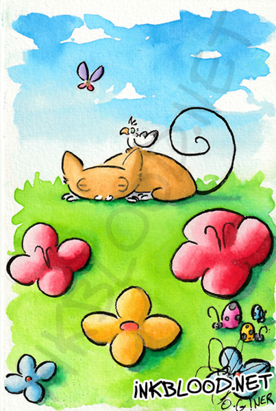 Chat endormi dans une prairie fleurie, observé par un petit oiseau, aquarelle originale d'Olivier Giner.