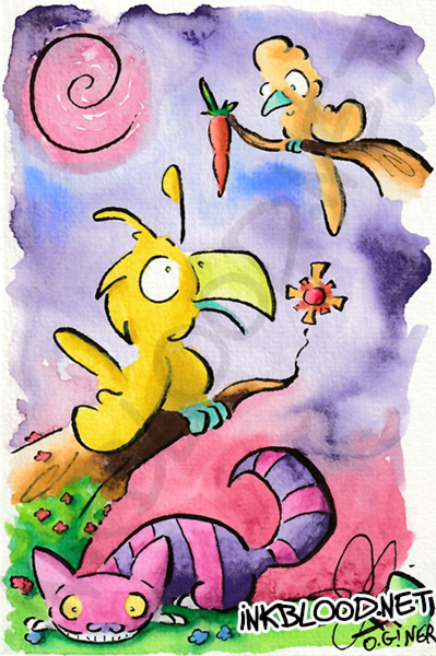 Peinture aquarelle des Mômes Raths en grabe inspirés de Lewis Carroll avec le Chat du Cheshire et un perroquet, par Olivier Giner.