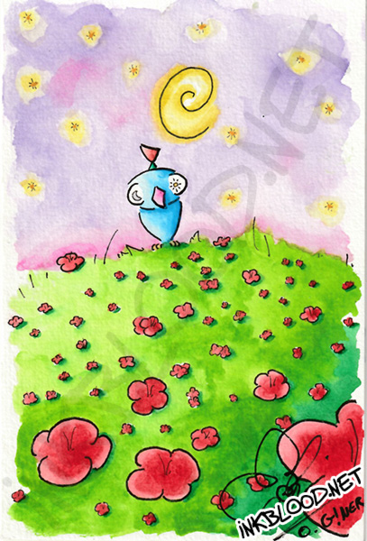 Peinture aquarelle d'une chouette bleue veillant sur un champ de coquelicots sous un ciel étoilé, par Olivier Giner.