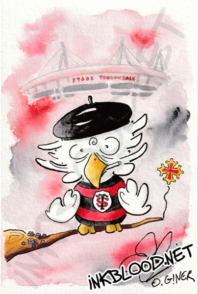 Aquarelle représentant une chouette supporter du Stade Toulousain, coiffée d'un béret français et perchée sur une branche ornée de violettes, devant le stade Ernest-Wallon. Une croix occitane flotte à ses côtés en hommage à Toulouse et à l'Occitanie.
