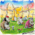 Aquarelle inspirée de Rhinocéros d'Eugène Ionesco montrant plusieurs rhinocéros de styles différents qui sentent tous la même fleur rouge, tandis que leurs cornes deviennent les pales d'immenses éoliennes en arrière-plan.