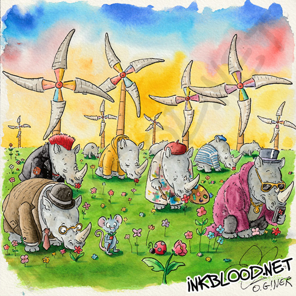 Aquarelle inspirée de Rhinocéros d'Eugène Ionesco montrant plusieurs rhinocéros de styles différents qui sentent tous la même fleur rouge, tandis que leurs cornes deviennent les pales d'immenses éoliennes en arrière-plan.