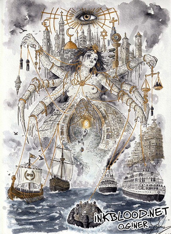 ArachnEurope, peinture aquarelle d’Arachné tissant les routes de la Méditerranée entre Europe, migrations et civilisations