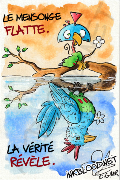 Beau mensonge, laide vérité, peinture aquarelle d’un oiseau face à son reflet par Olivier Giner