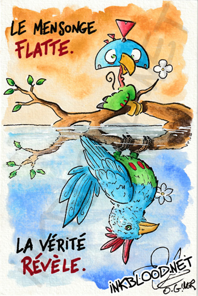Beau mensonge, laide vérité, peinture aquarelle d’un oiseau face à son reflet par Olivier Giner