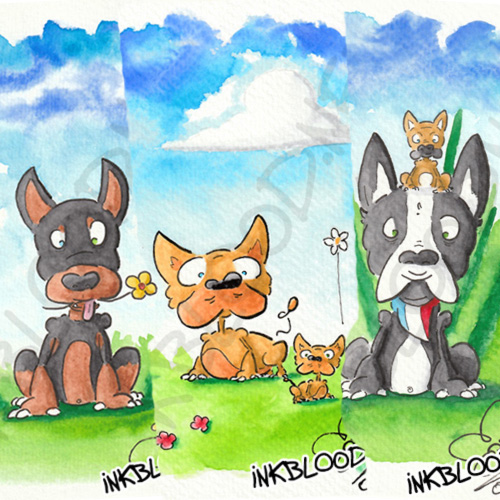 Dobermann, shar-peï et bouledogues français, peintures à l’aquarelle