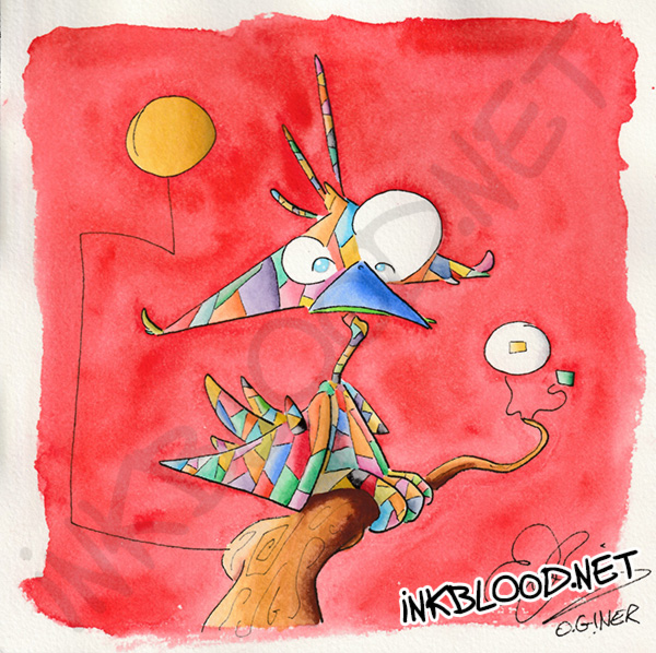 Oiseau arlequin multicolore perché sur une branche, aquarelle 20 × 20 cm