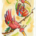 Dey & Rézon, trois oiseaux imaginaires colorés, peinture aquarelle