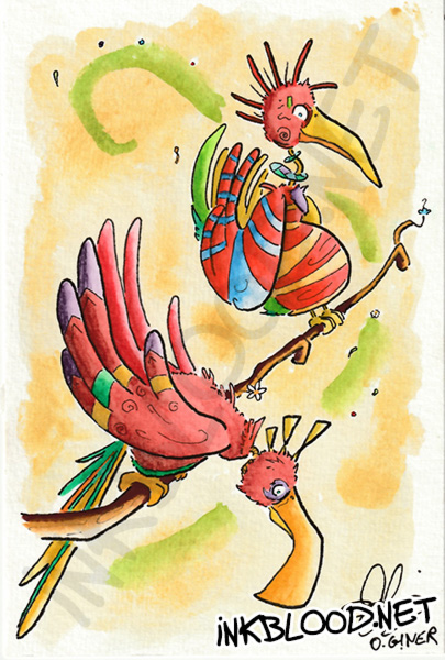 Dey & Rézon, trois oiseaux imaginaires colorés, peinture aquarelle