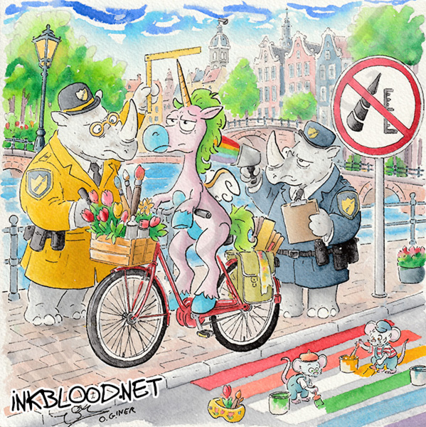 Aquarelle « La Liberté contrôlée » représentant une licorne à vélo arrêtée par deux rhinocéros policiers à Amsterdam.