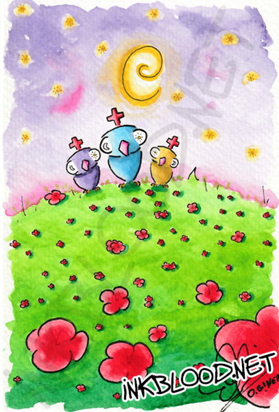 Aquarelle d'Olivier Giner représentant trois petits oiseaux colorés portant une croix rouge, réunis dans un champ de coquelicots sous un ciel violet étoilé.